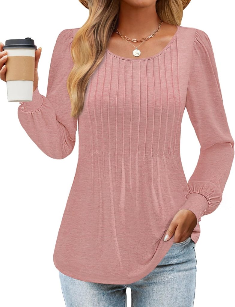 ZESICA Long Sleeve Shirts for Women Fall Tops Crew Neck Pleated Casual Tunic Blouses