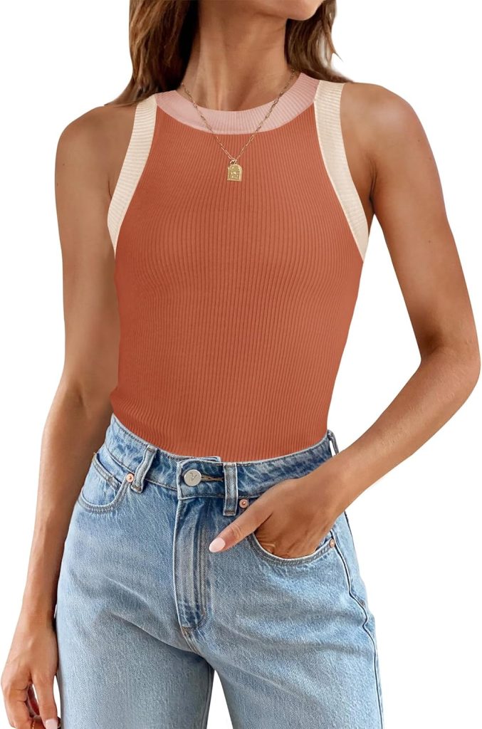 ZESICA Womens 2024 Summer Sleeveless Tank Tops Ribbed High Neck Racerback Slim Fitted Color Block Casual Shirts