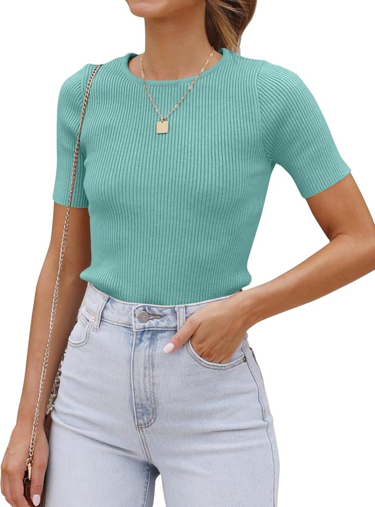 ZESICA Womens Short Sleeve Crewneck T Shirt 2024 Summer Ribbed Knit Slim Fit Basic Solid Color Tee Tops