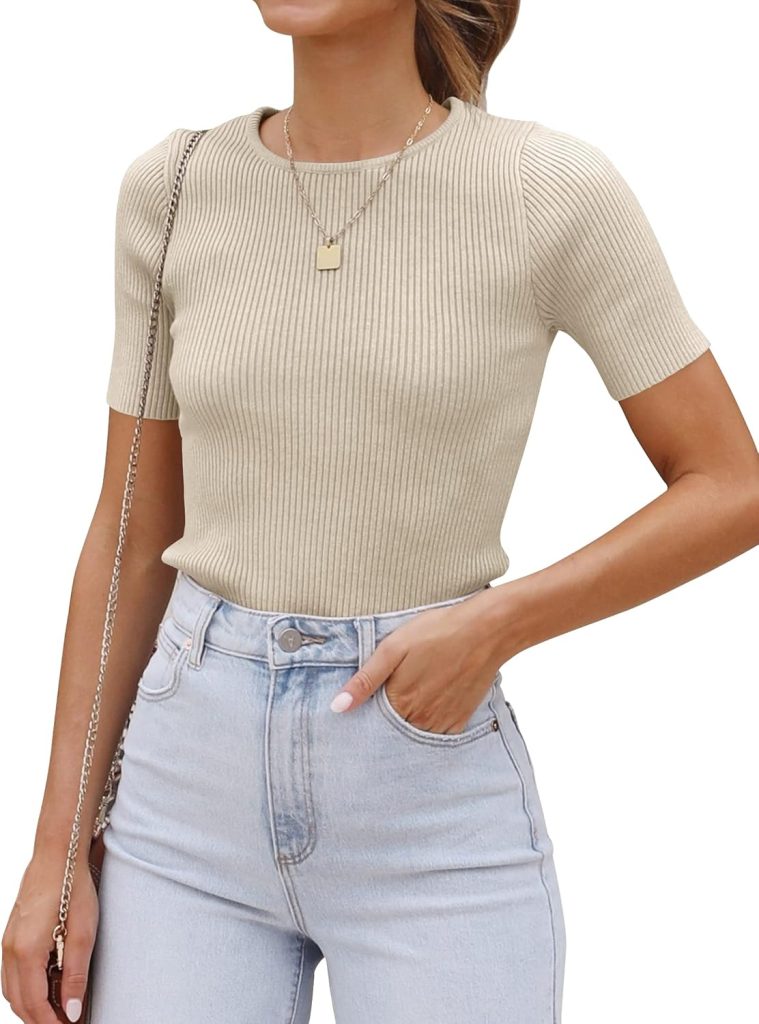 ZESICA Womens Short Sleeve Crewneck T Shirt 2024 Summer Ribbed Knit Slim Fit Basic Solid Color Tee Tops