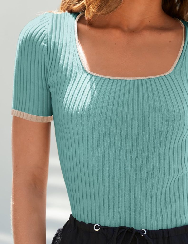 ZESICA Womens Short Sleeve Square Neck Color Block T Shirt 2024 Summer Slim Fit Ribbed Knit Basic Tee Tops