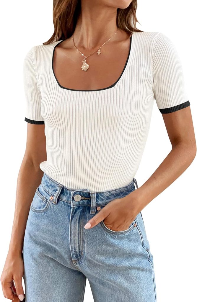ZESICA Womens Short Sleeve Square Neck Color Block T Shirt 2024 Summer Slim Fit Ribbed Knit Basic Tee Tops