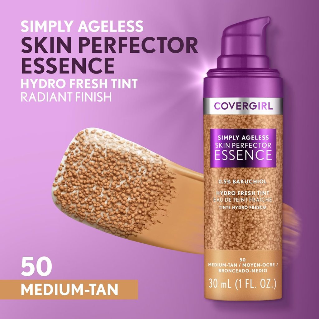 Covergirl Simply Ageless Skin Perfector Essence Foundation, 20 Light, Tinted Skin Perfector, Skincare Makeup Hybrid, Sheer Tint, Radiant Finish, Skin-Like Finish, Vegan Formula, 1.0oz