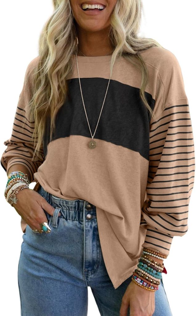 Dokotoo Long Sleeve Fall Tops Oversized 2024 Trendy Round Crew Neck Casual Color Block Womens Shirts Blouses Dokotoo Long Sleeve Fall Tops Oversized 2024 Trendy Round Crew Neck Casual Color Block Womens Shirts Blouses