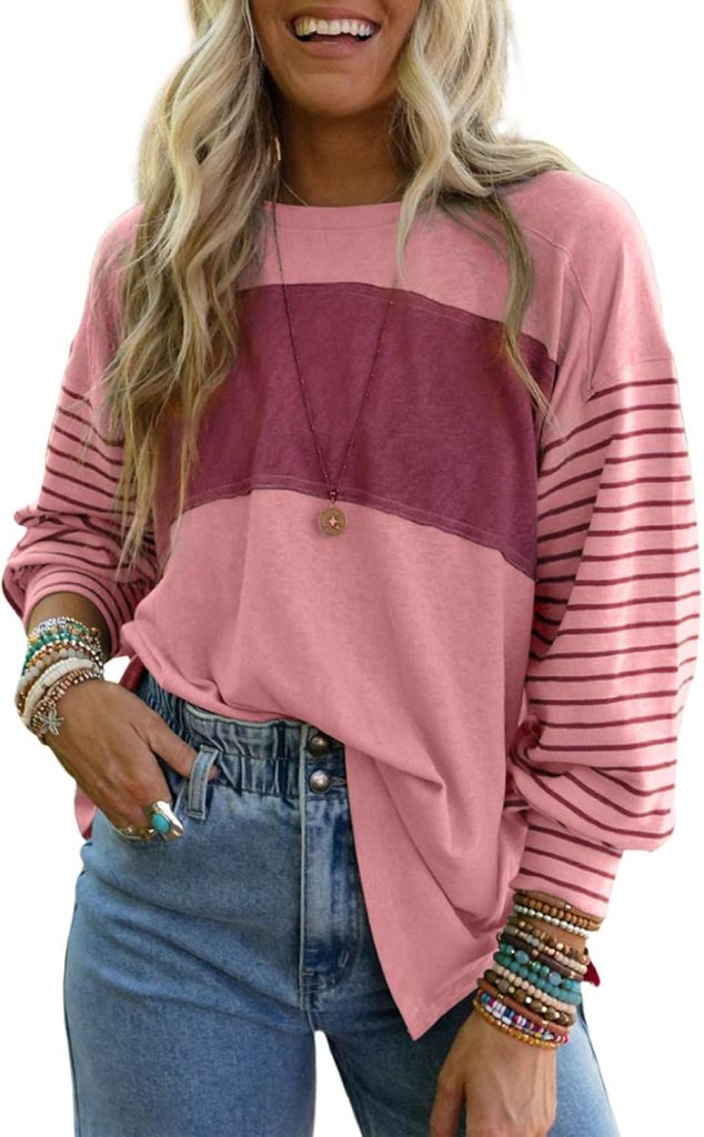 Dokotoo Long Sleeve Fall Tops Oversized 2024 Trendy Round Crew Neck Casual Color Block Womens Shirts Blouses Dokotoo Long Sleeve Fall Tops Oversized 2024 Trendy Round Crew Neck Casual Color Block Womens Shirts Blouses