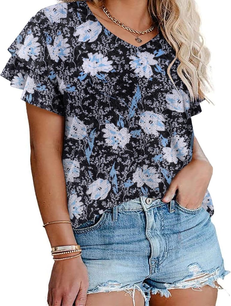 INVOLAND Womens Plus Size T shirt V Neck Loose Fit Ruffle Sleeve Summer Hollow Casual Tops Blouse