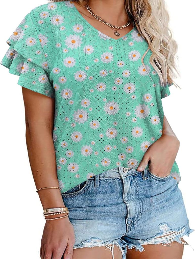 INVOLAND Womens Plus Size T shirt V Neck Loose Fit Ruffle Sleeve Summer Hollow Casual Tops Blouse