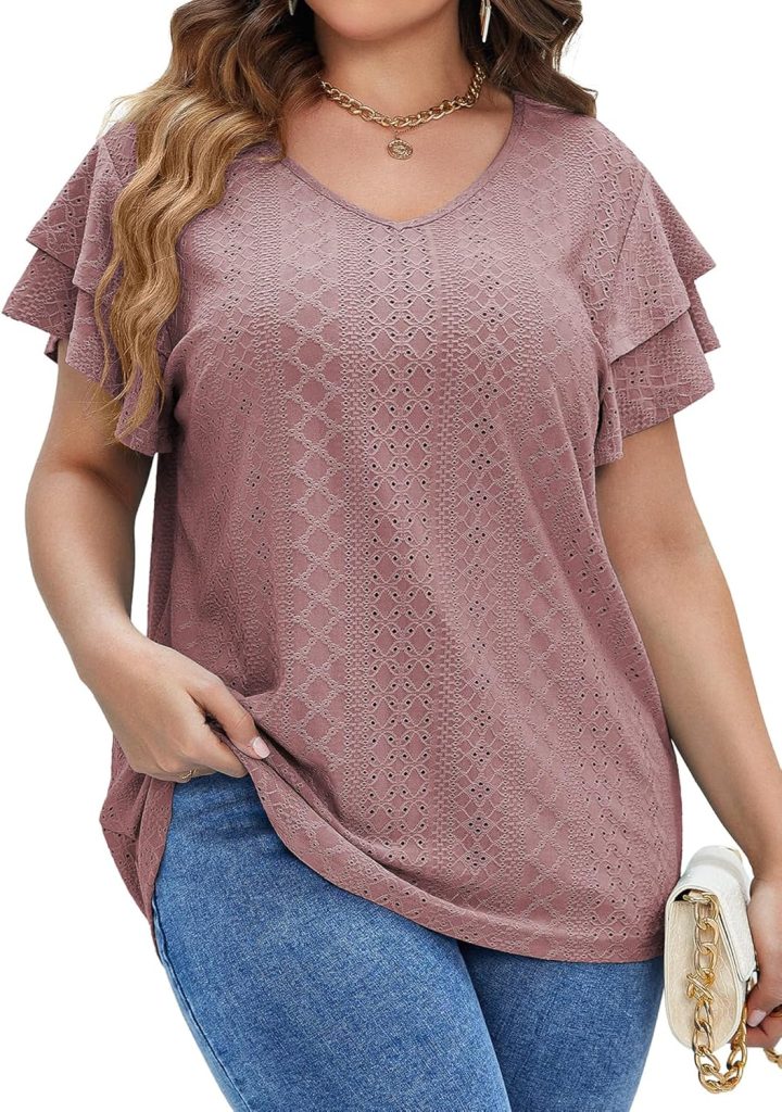 INVOLAND Womens Plus Size T shirt V Neck Loose Fit Ruffle Sleeve Summer Hollow Casual Tops Blouse