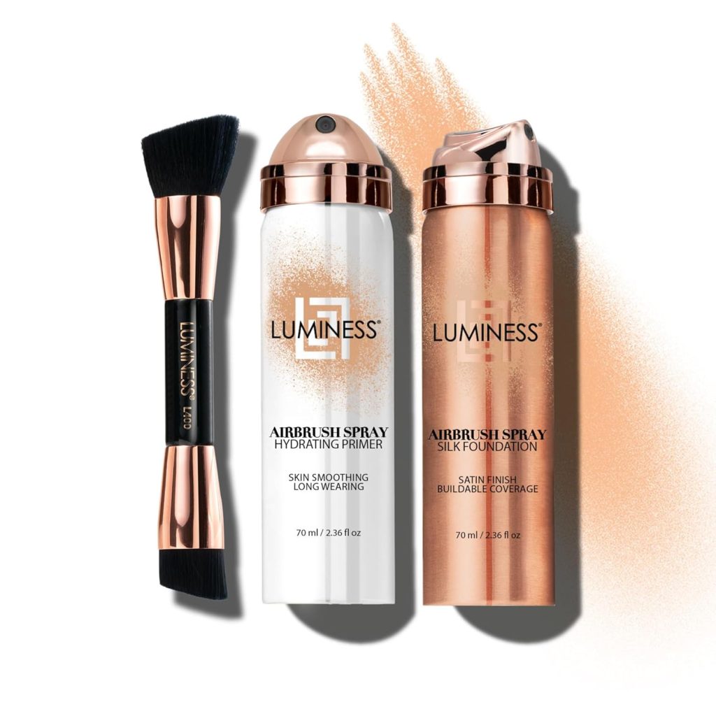 LUMINESS Airbrush Spray Silk Foundation Starter Kit - Light Medium - Foundation, Primer  Dual-Sided Angled Buffing Brush - Medium, Buildable Coverage, Anti-Aging Formula Hydrates  Moisturizes
