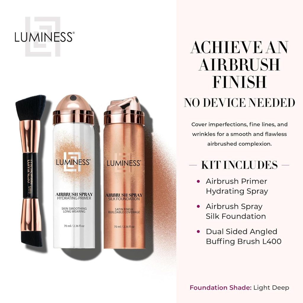 LUMINESS Airbrush Spray Silk Foundation Starter Kit - Light Medium - Foundation, Primer  Dual-Sided Angled Buffing Brush - Medium, Buildable Coverage, Anti-Aging Formula Hydrates  Moisturizes