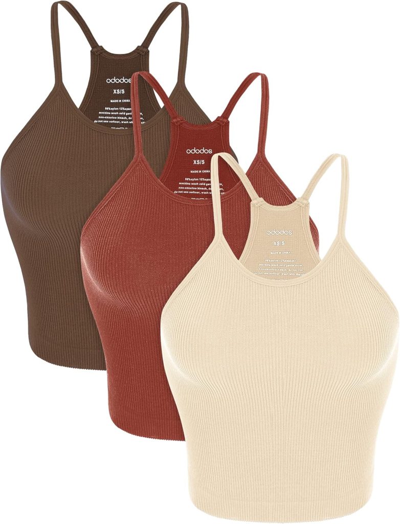 ODODOS Womens Crop 3-Pack Washed Seamless Rib-Knit Camisole Crop Tank Tops ODODOS Womens Crop 3-Pack Washed Seamless Rib-Knit Camisole Crop Tank Tops