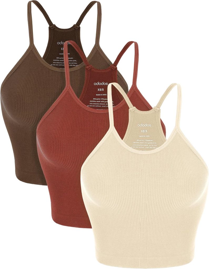 ODODOS Womens Crop 3-Pack Washed Seamless Rib-Knit Camisole Crop Tank Tops ODODOS Womens Crop 3-Pack Washed Seamless Rib-Knit Camisole Crop Tank Tops