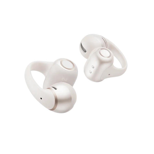 White Shokz OpenDots 2 clip-on earbuds with their charging case