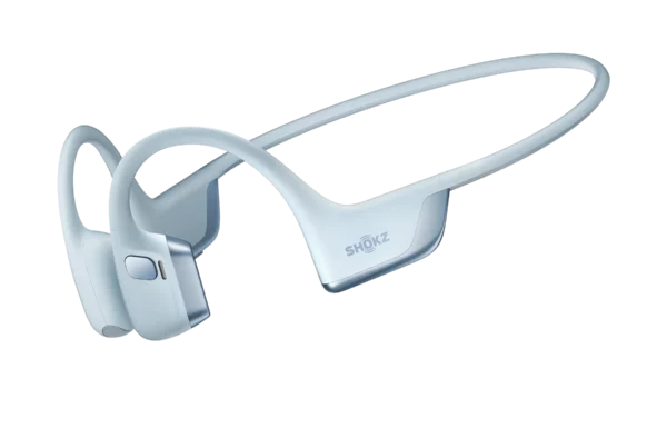 Sky-blue Shokz OpenRun Pro 2 wraparound headphones on a plain background