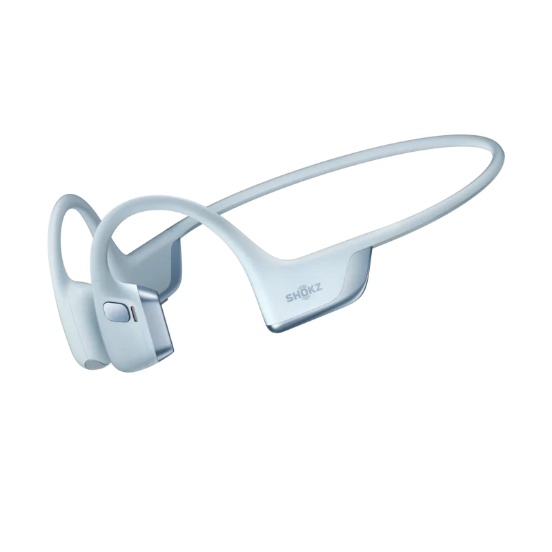 Sky-blue Shokz OpenRun Pro 2 wraparound headphones on a plain background
