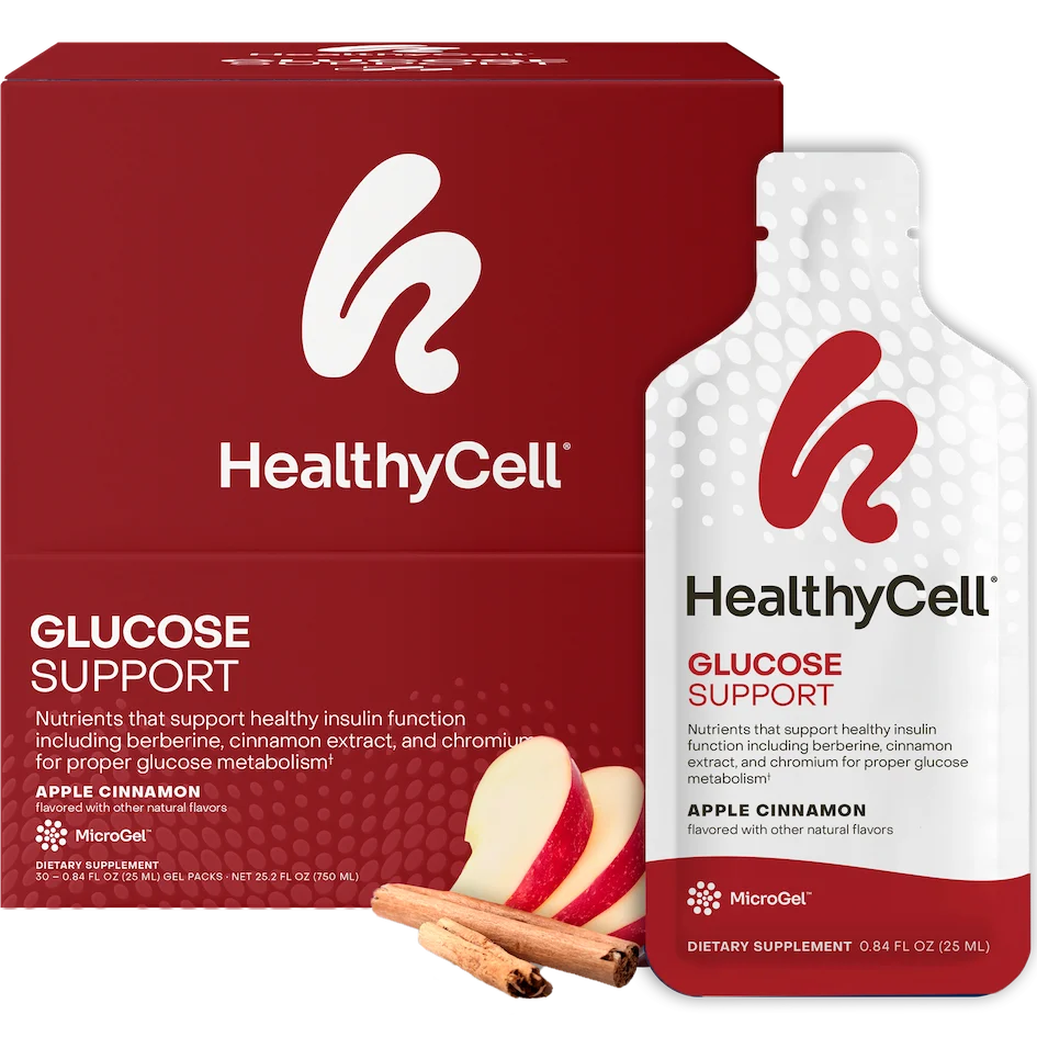 HealthyCell Glucose Support box and bottle on a white background